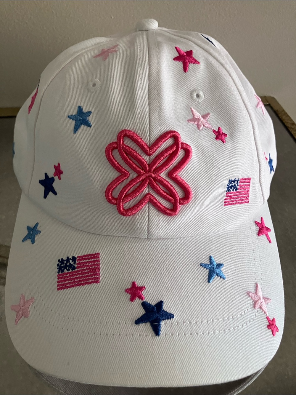 Lilly Pulitzer White Baseball Cap with Pink & Blue Star Embroidery